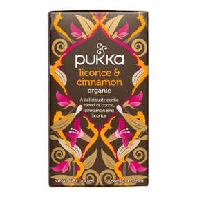 Pukka Herbs Licorice & Cinnamon Organic Herbal Tea - 20-Tea Bags black floral box, this licorice tea by Pukka helps digestion & is combined with cinnamon to warm the body during colds.