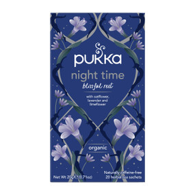 Pukka Herbs Organic Night Time Tea - 20-Tea Bags blue floral carton box; blend of Chamomile, Lavender and Oat Flower within Pukka Herbs Night Time Tea helps ease tension, allowing you to enjoy a more restful sleep