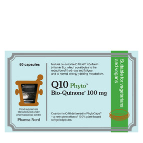 Pharma Nord Bio-Quinone Q10 Green - 60-Capsules box; contains Co-enzyme Q10 which is a vitamin like substance that acts in conjunction with enzymes (hence the name coenzyme Q10) to convert sugars and fat into energy.