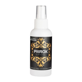 Pitrok Crystal Natural Deodorant Spray - 100-ml white plastic bottle with black label; a fragrance-free natural deodorant spray to provide day long protection.