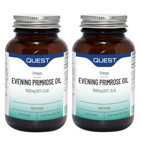 Quest Vitamins Evening Primrose Oil 1000mg Twin Pack - 2 x 90-Capsules glass amber jar with white and green label; provides Omega 6 fatty acids