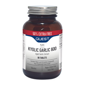 Quest Vitamins Kyolic Garlic  Extract 600mg - 60 + 30-Tablets amber glass jar with white and grey label; a garlic supplement with aged garlic extract to help support heart, liver, and immune system.