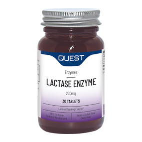 Quest Vitamins Lactase Enzyme - 30-Tablets amber glass jar with white and purple label; Helps reduce symptoms associated with lactose intolerance such as bloating, diarrhoea, or flatulence.