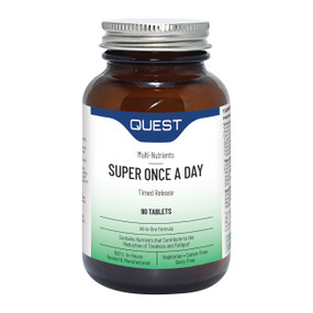Quest Vitamins Super Once a Day - 90-Tablets black amber glass bottle with white and green label; this  multivitamin is a high strength timed release supplement suitable for vegetarians to boost energy.