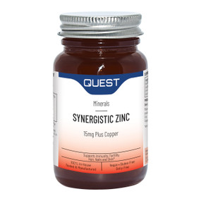 Quest Vitamins Synergistic Zinc - 90-Tablets brown amber glass bottle with white and brown label; provide Zinc with Copper which are two important minerals that work to support the immune system.