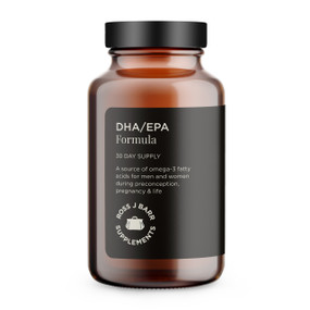 Ross J. Barr DHA/EPA Formula - 60-Capsules brown glass jar with black label; designed to be taken whilst trying to conceive, during pregnancy and throughout breastfeeding.