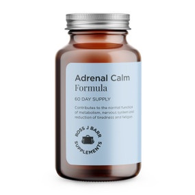 Ross J. Barr Adrenal Calm Formula - 60-Capsules (60 Day Supply) brown glass jar with pale blue label; a natural food state supplement to help manage any symptoms you may have associated with stress