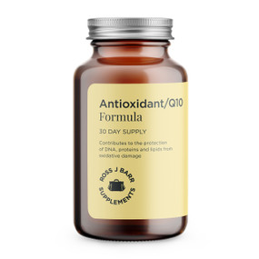 Ross J. Barr Antioxidant Q10 - 60-Capsules brown glass jar with a yellow label; contains all of the major antioxidant vitamins and minerals to keep cells healthy and is presented as a food state supplement to ensure optimal absorption.