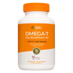 Sibu Omega 7 Sea Buckthorn Oil 60-softgels - white plastic tub with orange lid and label; contains the blend of sea buckthorn seed and berry oil rich in the rare Omega 7 essential fatty acid which helps alleviate dry skin conditions including vaginal dryness & dry eyes