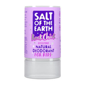 Salt of the Earth Rock Chick Natural Deodorant for Kids 90g in a transparent tube with purple label.  This natural salt deodorant for kids is gentle, aluminium and fragrance-free deodorant for children aged 6+ and above.