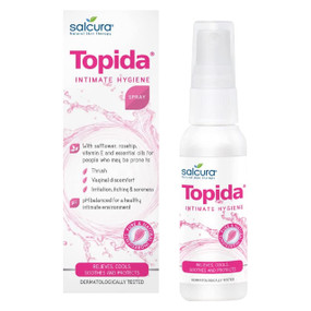 Salcura Topida Intimate Hygiene Spray - 50-ml white plastic spray bottle and box; an excellent user friendly therapy that provides effective results for people who may be prone to vaginal irritations, vaginal discomfort, thrush, bacterial vaginosis and cystitis.