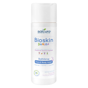 Salcura Bioskin Junior Face & Body Wash - 200-ml white plastic bottle; natural low foam face & body wash that cleanses, soothes and nourishes eczema-prone skin