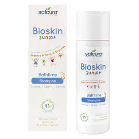 Salcura Bioskin Junior Conditioning Shampoo - 200-ml bottle; white box and pump bottle; a natural conditioning shampoo for dry, flaky and eczema-prone skin and scalp