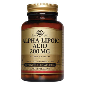 Solgar Vitamins Alpha Lipoic Acid 200mg - 50-Capsules - amber glass jar, gold label and gold lid; provides this highly prized antioxidant in a high strength to neutralise free radicals