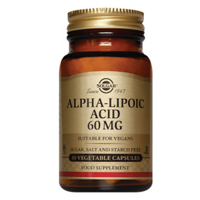 Solgar Vitamins Alpha Lipoic Acid 60mg - 30-Capsules - amber glass jar, gold label and gold lid; provides this highly prized antioxidant to neutralise free radicals