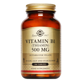 Solgar Vitamins Vitamin B1 500mg - 100-Tablets amber glass bottle; supports healthy functioning of the heart, muscles and nerves and also acts as an antioxidant, protecting the body from the degenerative effects of ageing, alcohol consumption and smoking