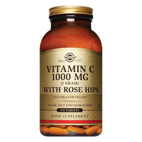 Solgar Vitamin C With Rose Hips 1000mg 250-tablets - amber glass bottle; this Vitamin C with Rose Hips provides 1000mg of vitamin C in each tablet.