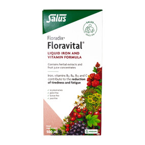 Floradix Floravital Liquid Iron and Vitamins Yeast Free- 500-ml bottle in a box; contains herbal extracts and fruit juice concentrates. Iron, vitamin B2, B6, B12 and C contribute to the reduction of tiredness and fatigue.
