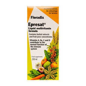 Floradix Epresat Liquid Multivitamin Formula - 250-ml bottle in a box; provides multivitamins including Vitamins A,B6,C and Vitamin D which all contribute to the normal function of the immune system