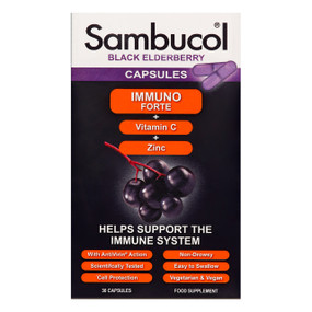 Sambucol Immuno Forte Capsules - 30-Capsules front image box; contains Black Elderberries, Vitamin C and Zinc which strengthen the immune system.