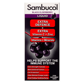 Sambucol Extra Defence - 120-ml bottle;black and white box -  helps support the immune system in order to fight infections such as colds and flu