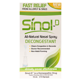 Sinol-D Decongestant Nasal Spray is an all-natural nasal decongestant spray for daily usage to relieve congestion, headaches and sinus pain.