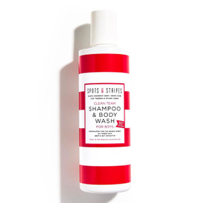 Spots & Stripes Clean Team Shampoo & Body Wash For Boys - 250-ml white plastic tube with white and red horizontal stripes label; a gentle and effective hair & body wash for boys