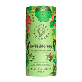 Super Powders Invisible Veg - 150-Grams (50-Servings) brown carton tub; more than a children's multivitamin; it's packed with fibre & other nutrients.