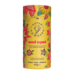 Super Powders Seed Squad - 150-Grams (30-Servings) brown carton tub; an organic blend for kids that contains protein-rich super seeds that mix seamlessly into food and drink and are beneficial to brain and body development.