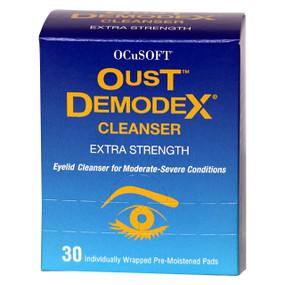 OCuSOFT Oust Demodex Cleanser - Extra Strength Wipes - 20-Pads blue box; helps soothe eyes & relieves moderate to severe eye irritation
