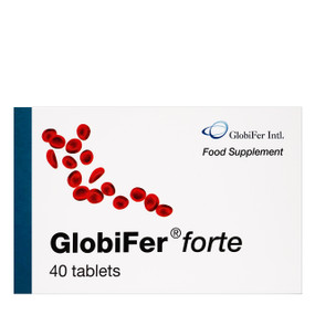 Stanningley Pharma Globifer® Forte - 40-Tablets in  a white cardboard box;  GlobiFer® forte is recommended for use in cases of iron deficiency to restore the iron and hemoglobin to normal levels