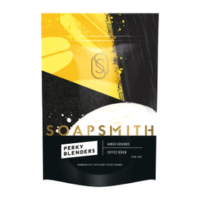 Soapsmith Coffee Scrub 250g in a black & yellow plastic pouch; this coffeee body scrub with  natural oils and butters, including cocoa butter and shea butter, will leave skin smooth and beautifully fragranced