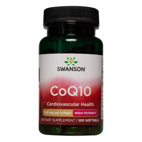 Swanson CoQ10 - 100-Capsules green bottle with black lid; contains Coenzyme Q10 which helps to maintain a healthy heart, muscles, gum tissue and the immune system, all of which have a high-energy requirement, as well as a high antioxidant requirement.