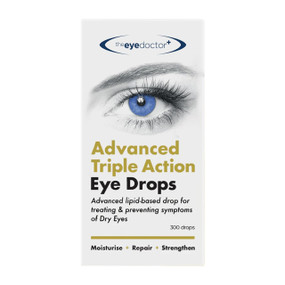 The Eye Doctor Advanced Triple Action Drops 10 ml cardboard box - Hydrate, soothe, and protect dry, irritated eyes. Preservative-free, contact lens compatible, and perfect for daily use.