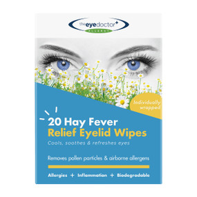 The Eye Doctor Hay Fever Relief Eyelid—20 individually wrapped wipes in a blue & white box for soothing itchy, irritated eyes