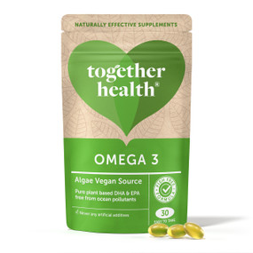 Together Health Omega 3 DHA - 30-Softgels pouch; Omega 3 is from pure algae. Fish don't naturally produce Omega 3 and only contain Omega 3 because they consume algae rich in essential fatty acids.