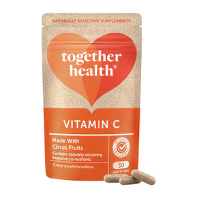 Together Health Vitamin C with Bioflavonoids - 30-Capsules pouch brown and orange compostable packaging; is a whole food vitamin C supplement from citrus fruits rich in bioflavonoids with no additives.