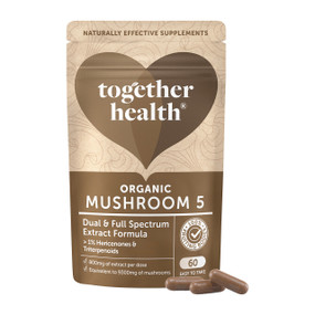 Together Health Organic Mushroom 5 -60 capsules in a brown paper pouch - a premium blend of five organic medicinal mushrooms, including Chaga, Reishi, Shiitake, Maitake, and Lion’s Mane
