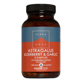 Terranova Astragalus Elderberry & Garlic Complex -  100-Capsules brown amber glass jar with black lid and brown and grey label; boosts immunity to help the body resist against infection