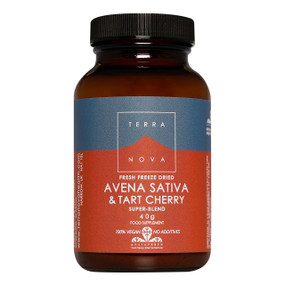 Terranova Avena Sativa & Tart Cherry - 40-Grams brown amber glass jar with black lid and brown and grey label; contains high amounts of B vitamins, minerals and other nutrients necessary for the proper functioning of the nervous system.