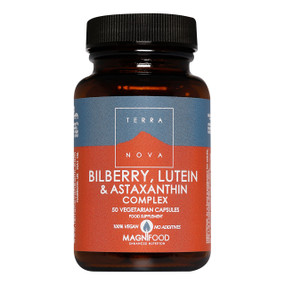 Terranova Bilberry, Lutein & Astaxanthin Capsules - 50-Capsules brown amber glass jar with black lid and brown and grey label; an antioxidant rich supplement containing vitamins for eyes.