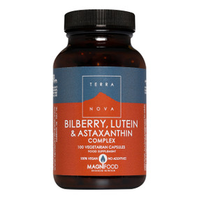 Terranova Bilberry, Lutein & Astaxanthin -  100-Capsules brown amber glass jar with black lid and brown and grey label; a supplement for eyes to protect vision & eye health.