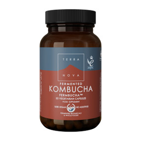 Terranova Fermented Kombucha Fermbucha™ 50 Capsules in an amber glass jar with black cap and red label;