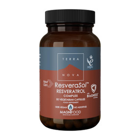 Terranova Resveratrol Complex 50 capsules in a amber glass jar; Resveratrol Complex combines resveratrol with synergistic botanicals for antioxidant support, healthy aging, and cellular protection.