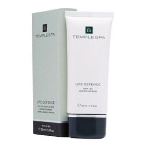 TEMPLESPA Life Defence SPF 30 Protecting Moisturiser - 50-ml tube with box; a professional strength formula that creates a barrier against pollution, UV radiation and blue light to leave all skin types healthy, soft, smooth and hydrated.