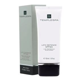 TEMPLESPA Life Defence SPF 50 High Protection Moisturiser - 50-ml white plastic tube and green carton box; Life Defence is a lightweight moisturiser that provides high broad-spectrum UVA and UVB protection