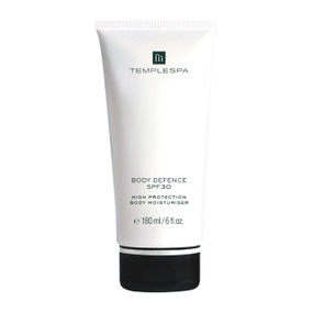 TEMPLESPA Body Defence SPF 30 180ml - white plastic tube & black cap; a non-greasy body sunscreen offering UVA/UVB protection & long-lasting hydration.