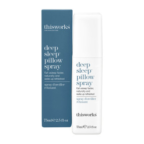 This Works Deep Sleep Pillow Spray - 75-ml front image, white sprayer bottle, blue cardboard carton; fall asleep faster naturally and wake up refreshed