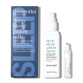 This Works Deep Sleep Pillow Talk - front image, blue carton, white sprayer bottle and white roll on; create a peaceful haven before bedtimewith this calming double act, fall asleep faster naturally and wake up refreshed