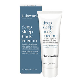 This Works Deep Sleep Body Cocoon - 100-ml white plastic tube and blue carton box; a multi-tasking night body lotion that will nourish and restore your skin while promoting a sense of calm and encouraging better sleep.